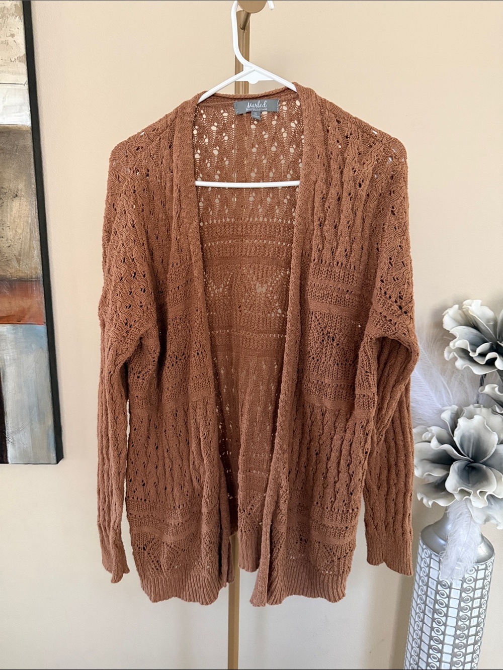 Marled Open-Front Knit Cardigan Sweater - Rust Brown